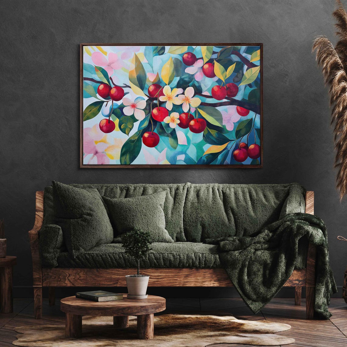 Ripe Cherries White Blossoms Turquoise Leaves Impressionist Art Poster