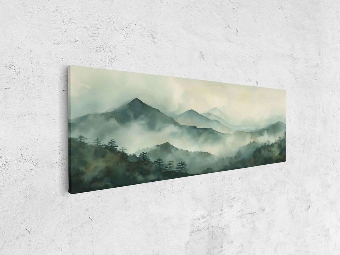 Foggy Mountain Landscape With Trees Painting Framed Print Ready To Hang - Image 4