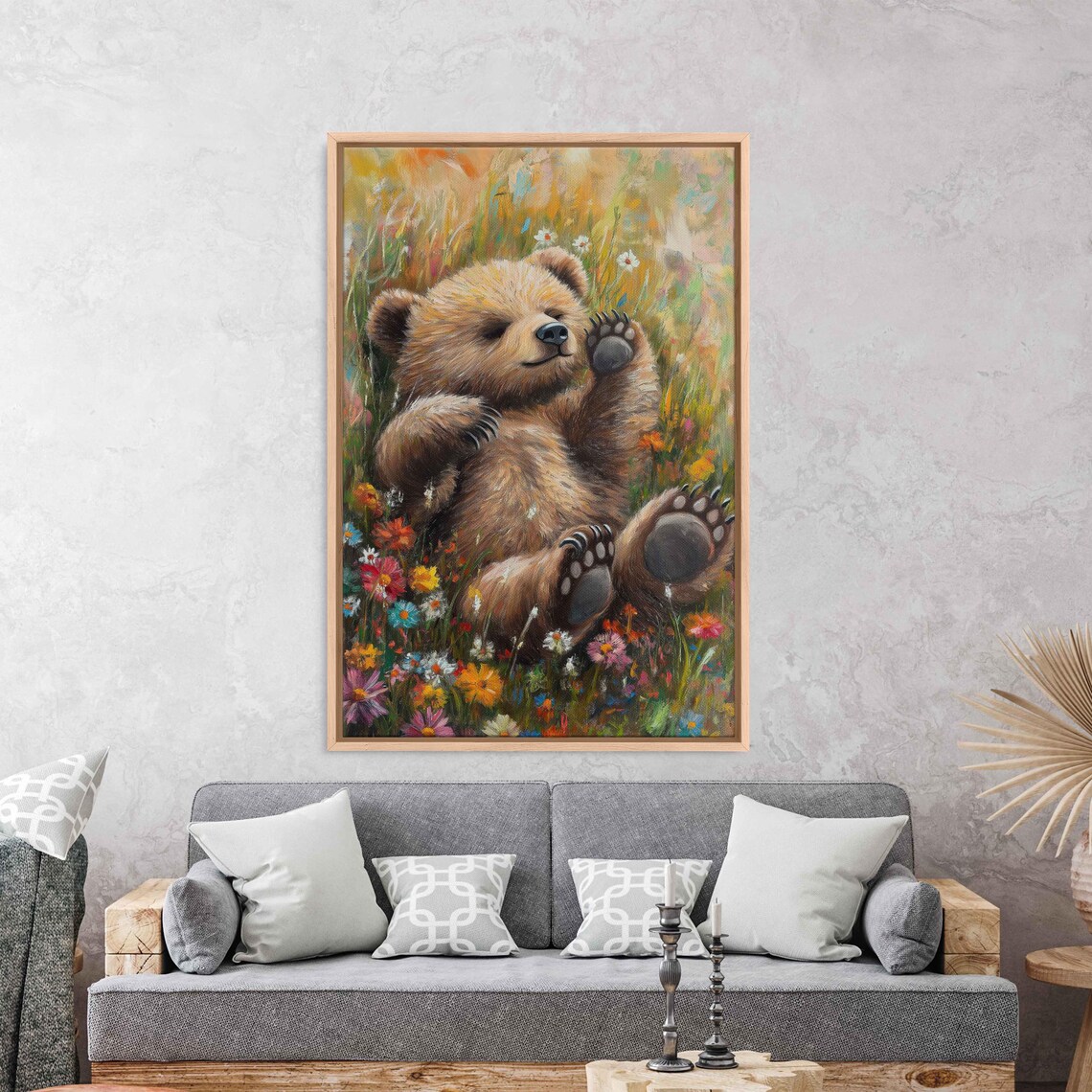 Playful Bear Cub Wildflowers Cheerful Baby Animal Nursery Art Poster