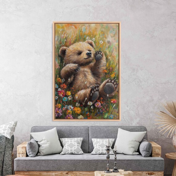 Playful Bear Cub Wildflowers Cheerful Baby Animal Nursery Art Poster