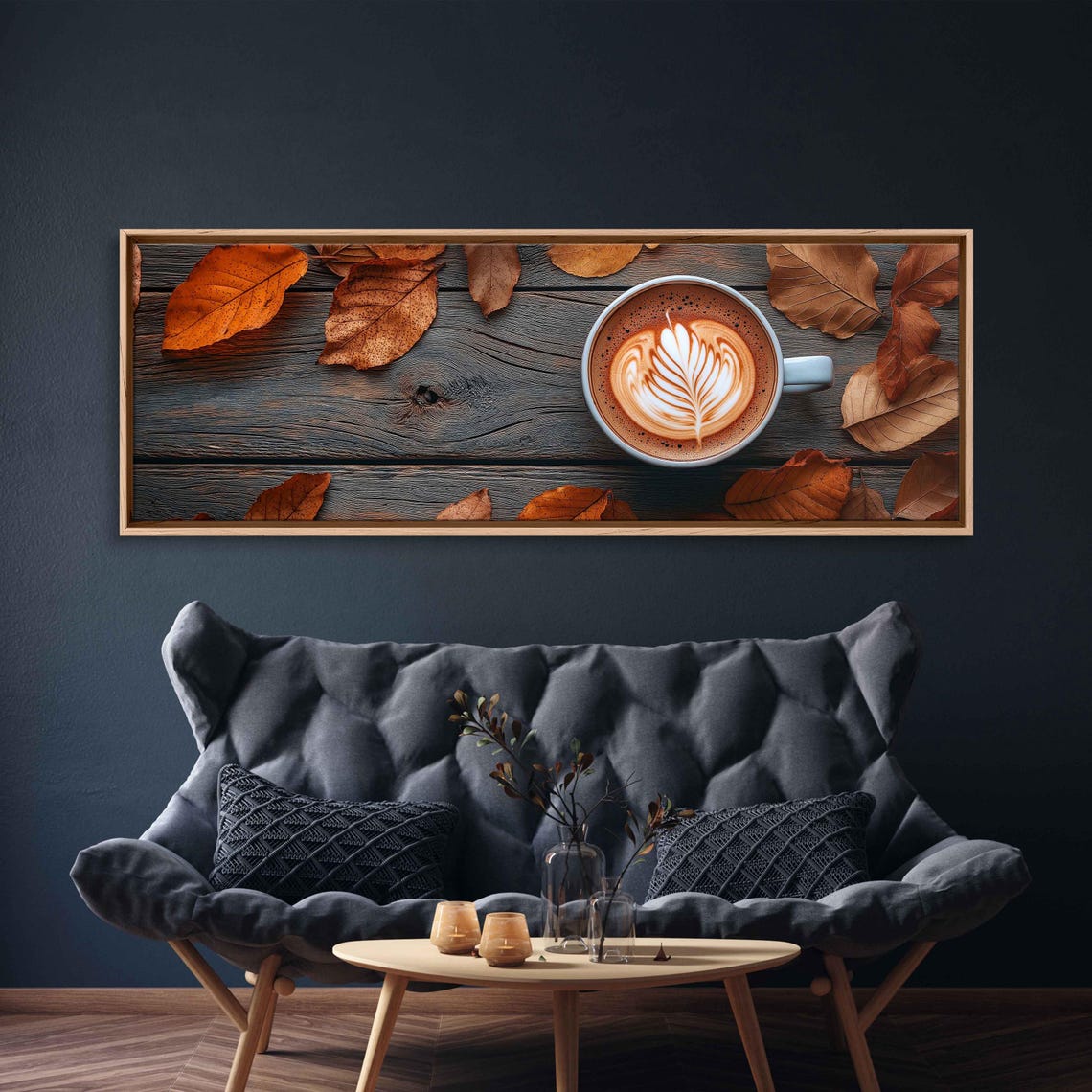 Latte Art Cup On Dark Rustic Wood Among Amber Leaves Photo Print