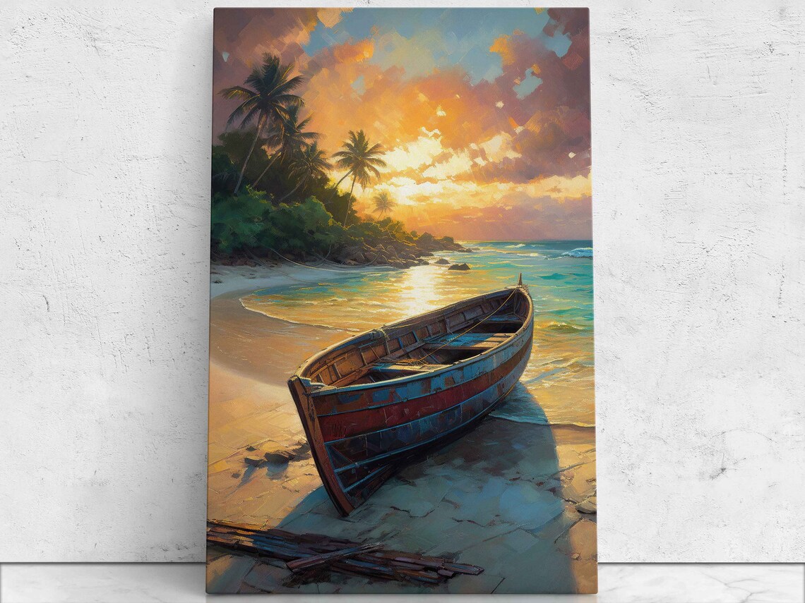Wooden Fishing Boat On Beach At Sunrise Palms Tropical Painting Poster