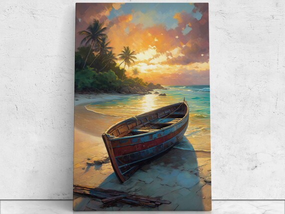 Wooden Fishing Boat On Beach At Sunrise Palms Tropical Painting Poster