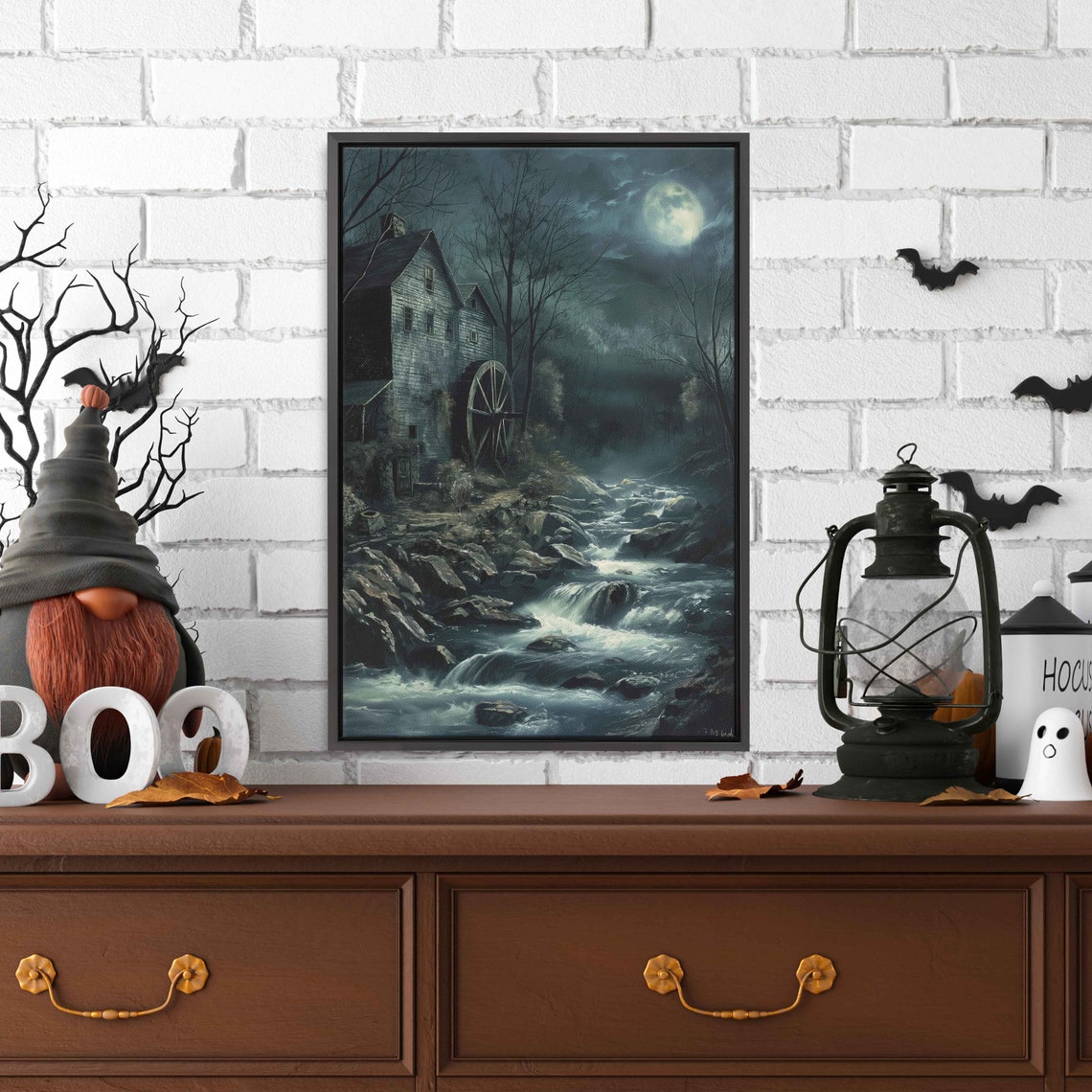 Haunted Old Mill Waterwheel Moonlit Stream Eerie Night Wall Art - Image 3