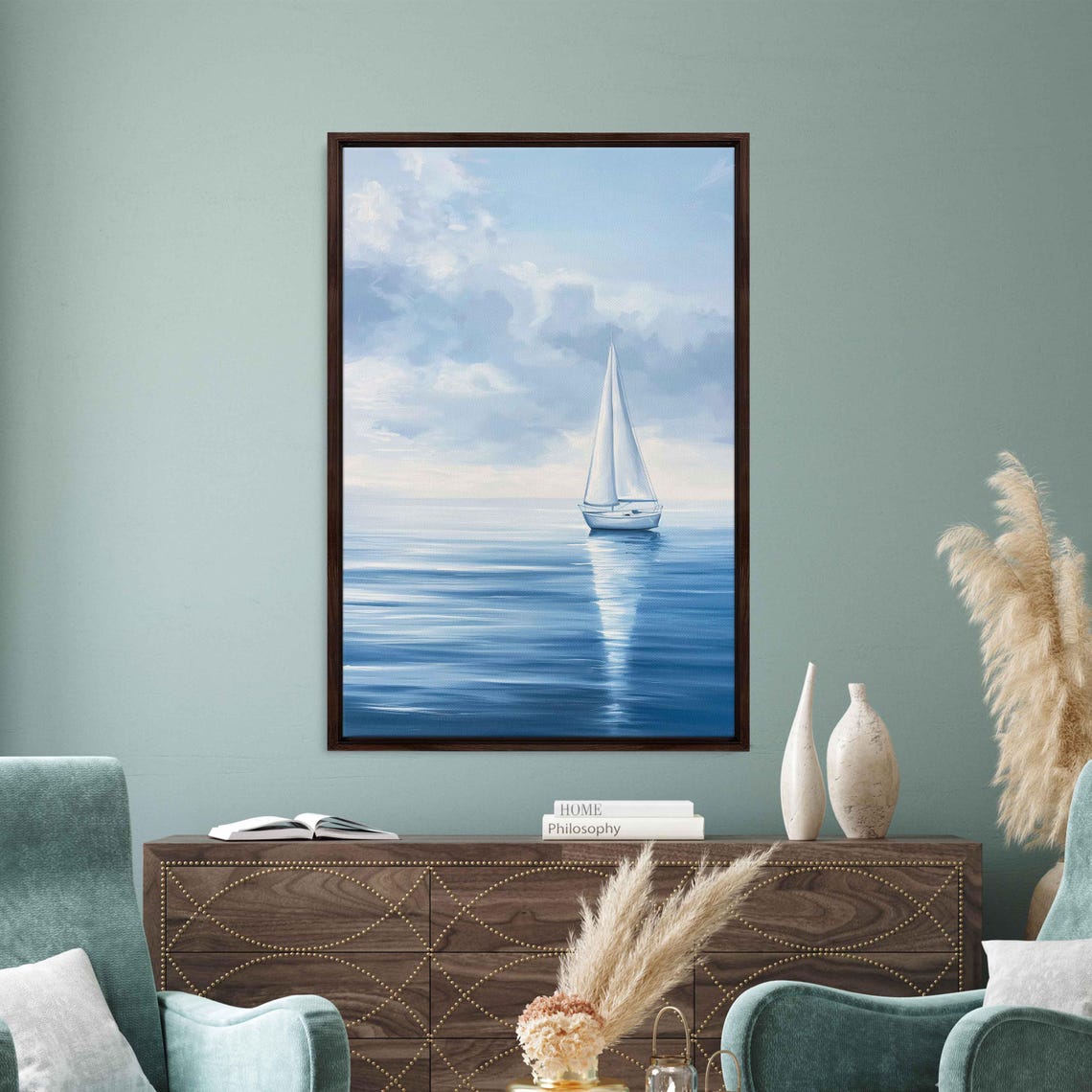 White Sailboat With Full Sails On Calm Blue Ocean Water Sailing Poster - Image 3