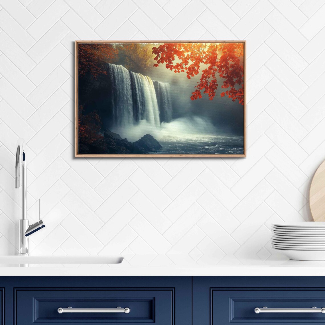 Misty Autumn Waterfall Cascading Red Maple Leaves Forest Nature Poster