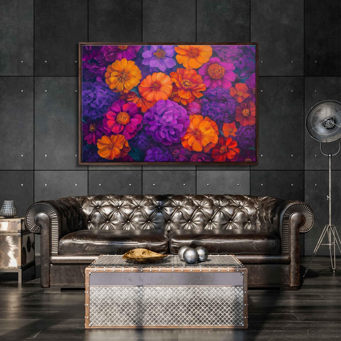 Vibrant Neon Flowers Close Up Purple Orange Bold Floral Art Poster
