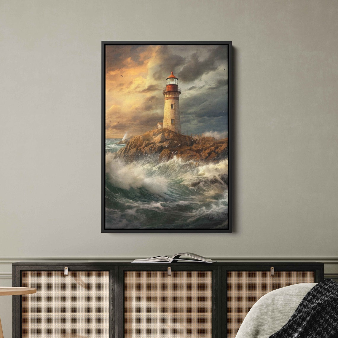 Stormy Lighthouse Rocky Cliff Golden Sky Waves Crashing Ocean Poster - Image 3
