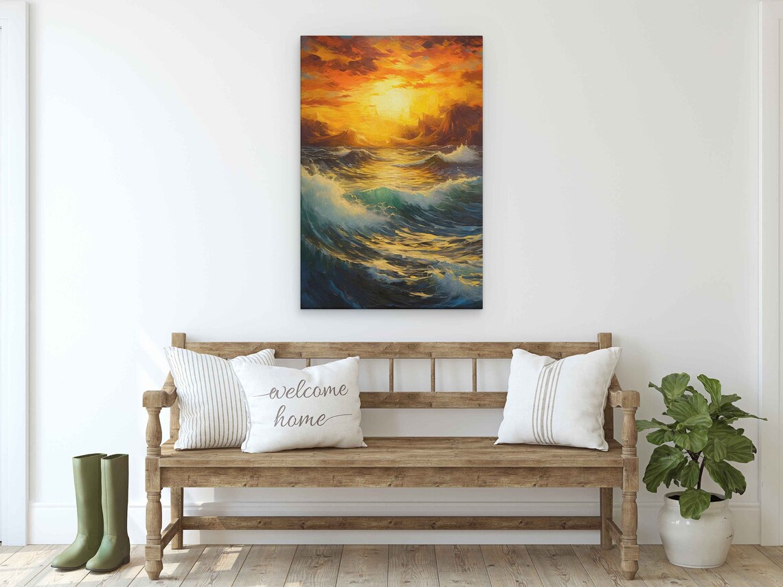Golden Sunset Ocean Waves Crashing Surf Seascape Painting Poster - Image 2