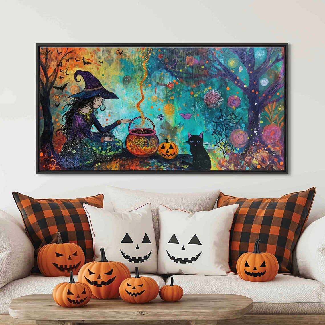 Witch Stirring Magic Cauldron Black Cat Pumpkin Halloween Poster
