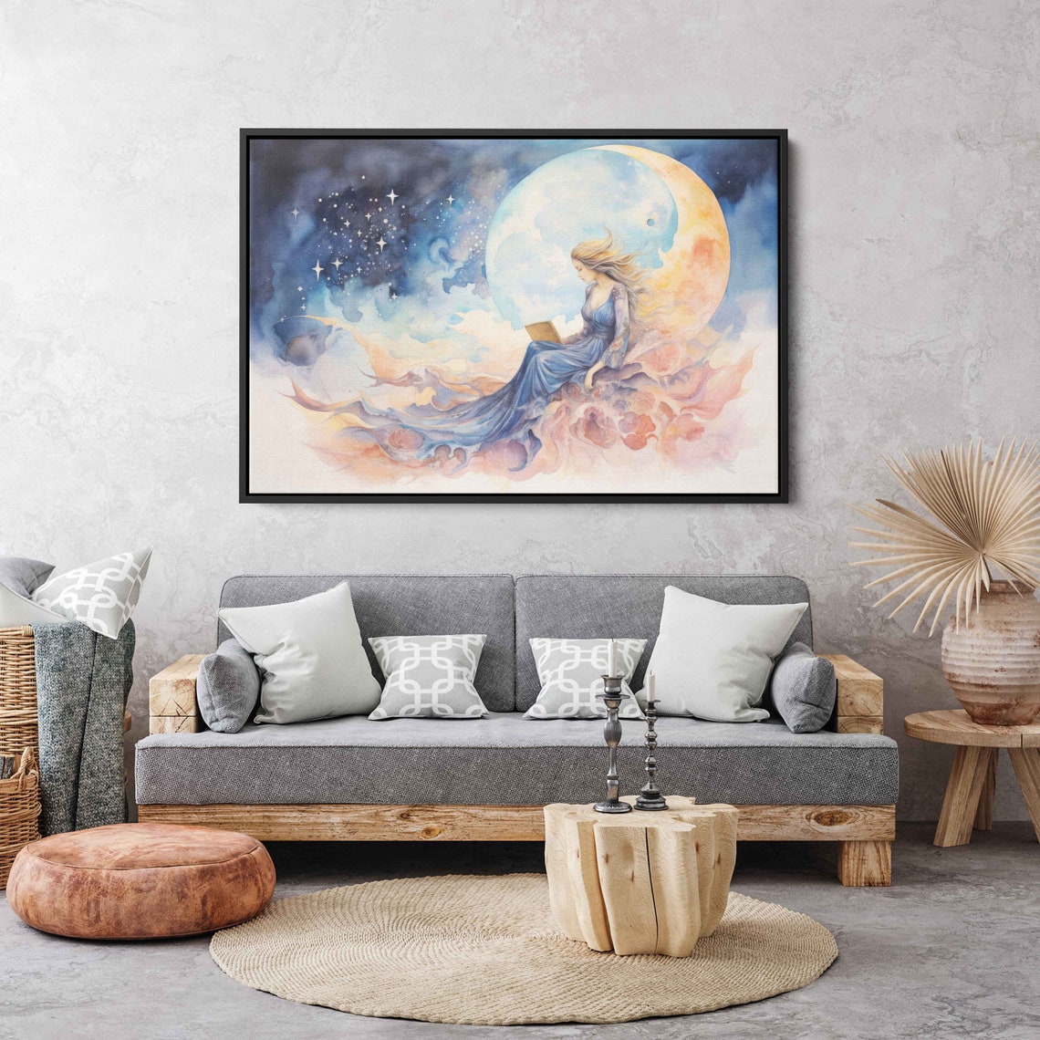 Woman Reading Book In Clouds Moonlight Celestial Watercolor Painting Framed Print Ready To Hang