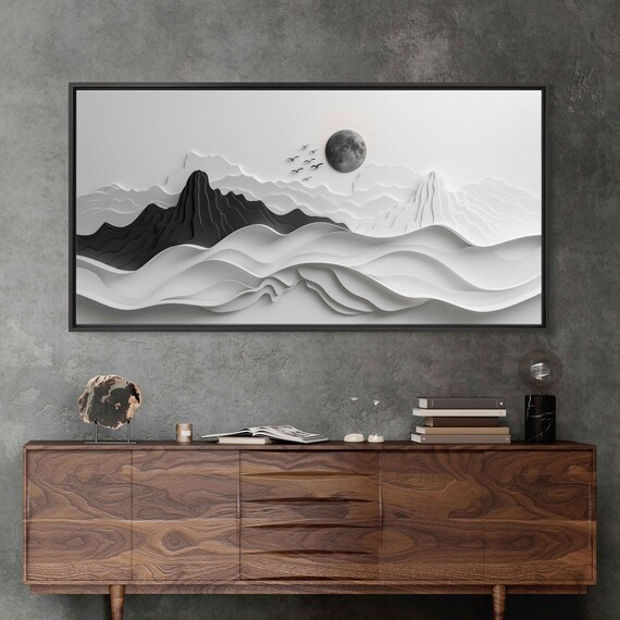 Chinese Landscape Wall Art Print Minimalist Design Moon Art Foggy Mountains Chinese Ink Art Ready To Hang