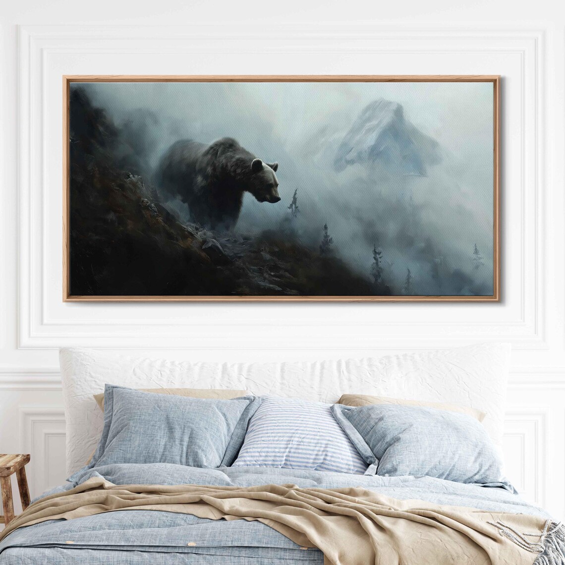 Grizzly Bear Emerging From Foggy Mountain Forest Oil Painting Poster - Image 3