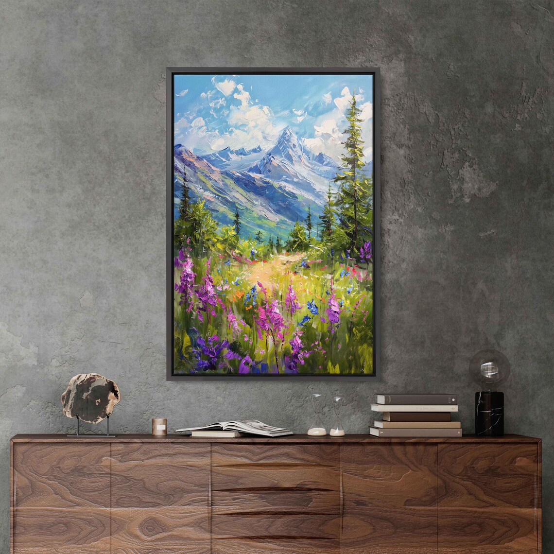 Alpine Wildflower Meadow Mountain Valley Snow Peak Summer Scene Poster - Image 3