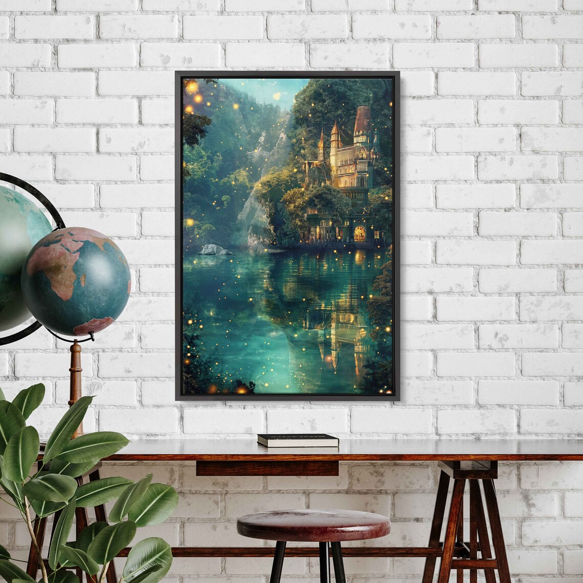 Fantasy Castle On Cliff Above Turquoise Lake Vertical Art Poster - Image 3