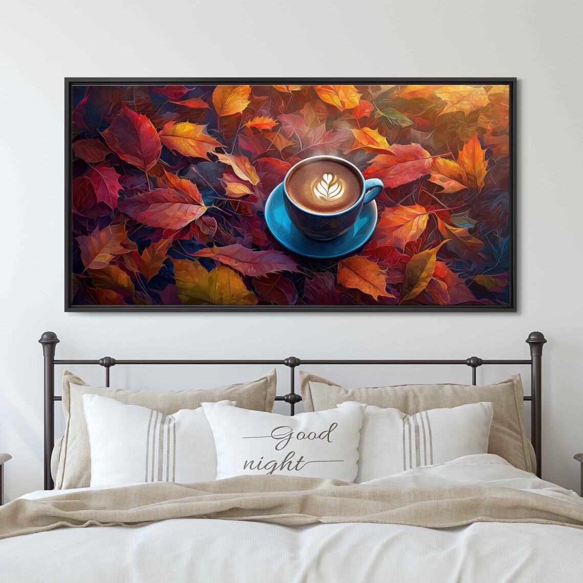 Blue Latte Cup With Leaf Art Among Crimson Autumn Leaves Print - Image 3