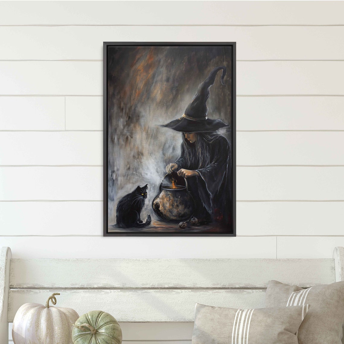 Witch Brewing Potion Cauldron Black Cat Dark Smoke Spooky Art Poster