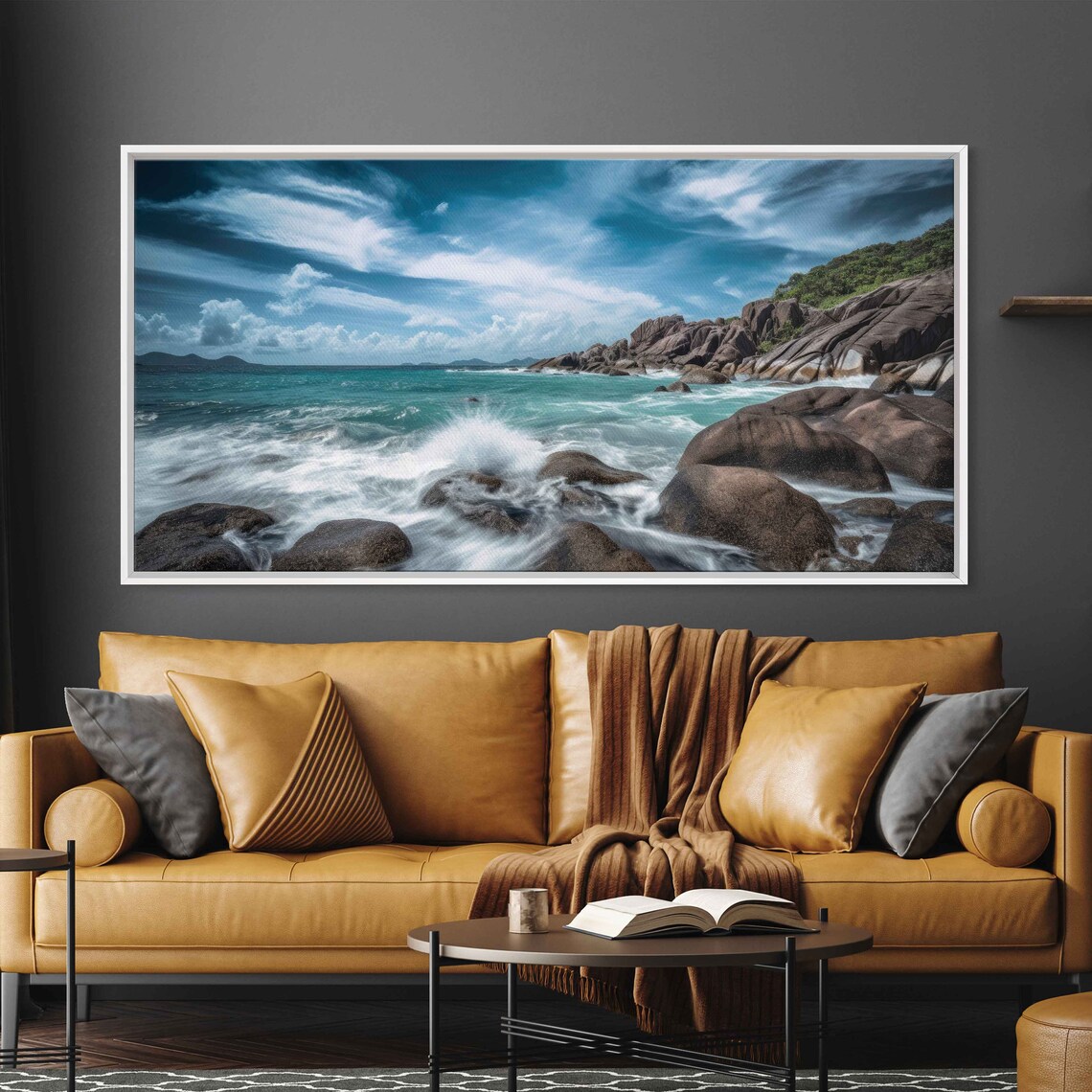 Granite Boulder Coastline Crashing Turquoise Waves Dramatic Clouds Seascape Poster - Image 3