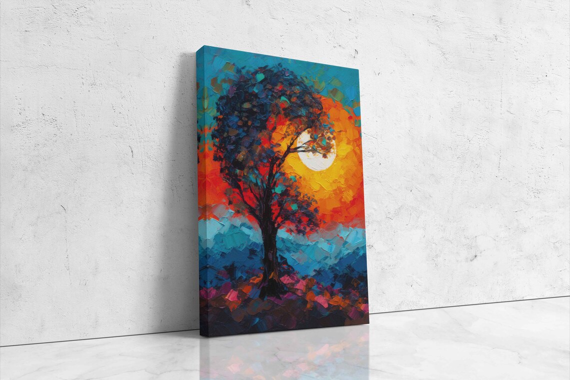 Lone Tree Silhouette Against Blazing Sun Palette Knife Art Poster - Image 4