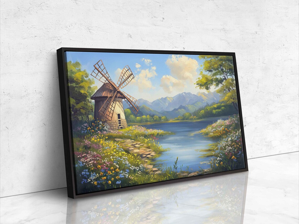 Old Fashioned Windmill By Lake, Wildflowers Landscape - Image 4