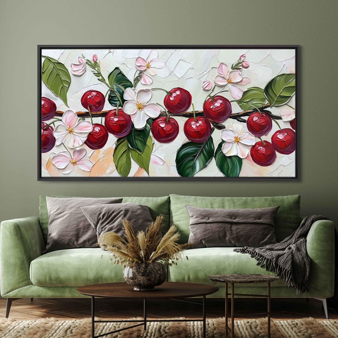 Glossy Red Cherries And Cherry Blossoms On Leafy Branch Art Poster