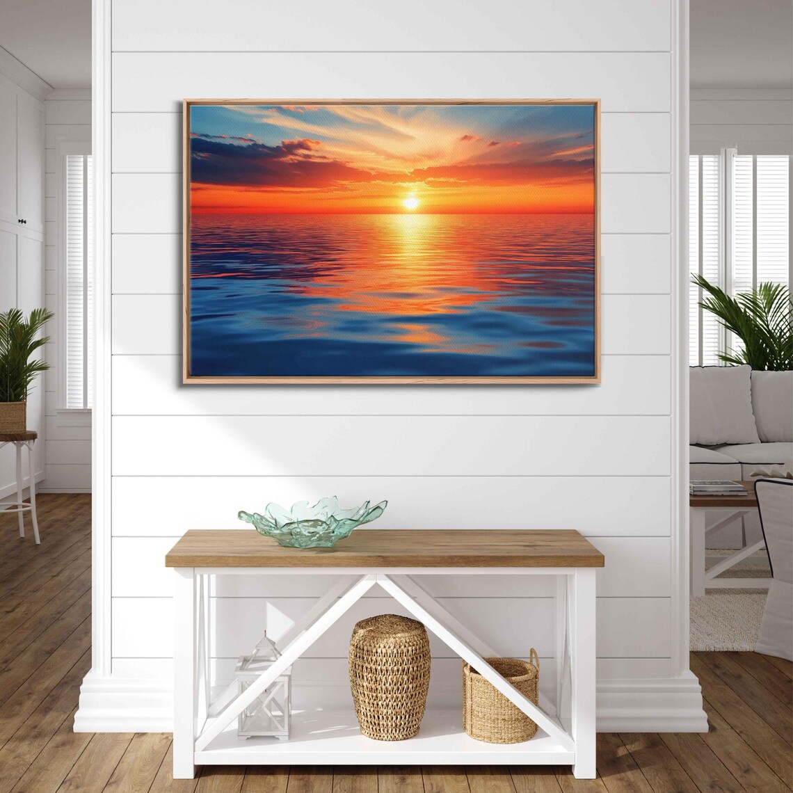 Serene Ocean Sunset Painting Vibrant Orange Deep Blue Calm Waves Wall Art - Image 3