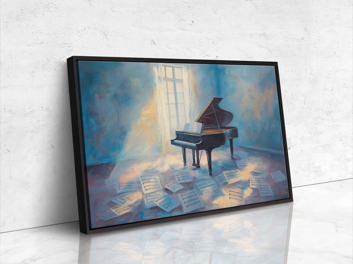 Grand Piano In Blue Sunlit Room Scattered Sheet Music Art Poster - Image 4