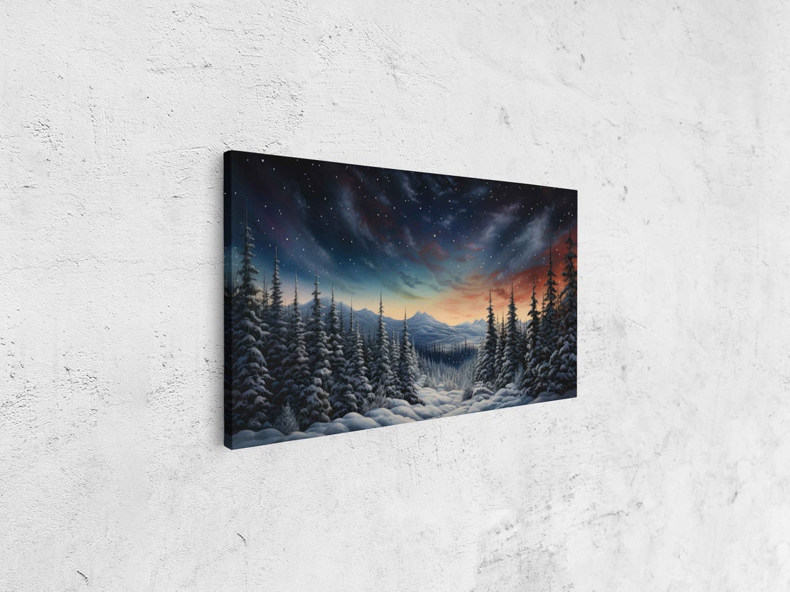 Winter Night Panoramic Starry Sky Snowy Forest Mountain Glow Poster - Image 4