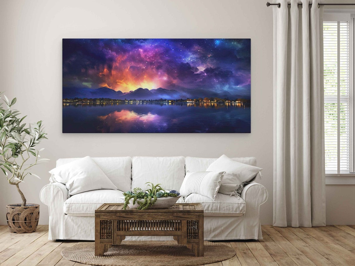 Neon Galaxy Sky Over Mountain Lake Colorful Night Reflection Poster - Image 3