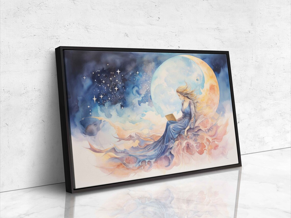 Woman Reading Book Moon Clouds Celestial Watercolor Wall Art - Image 4