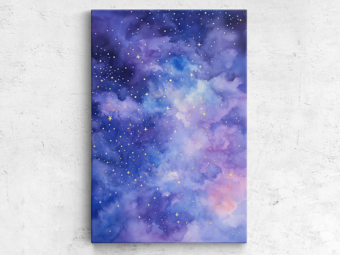 Purple Blue Galaxy Starry Night Sky Watercolor Cosmos Art Poster
