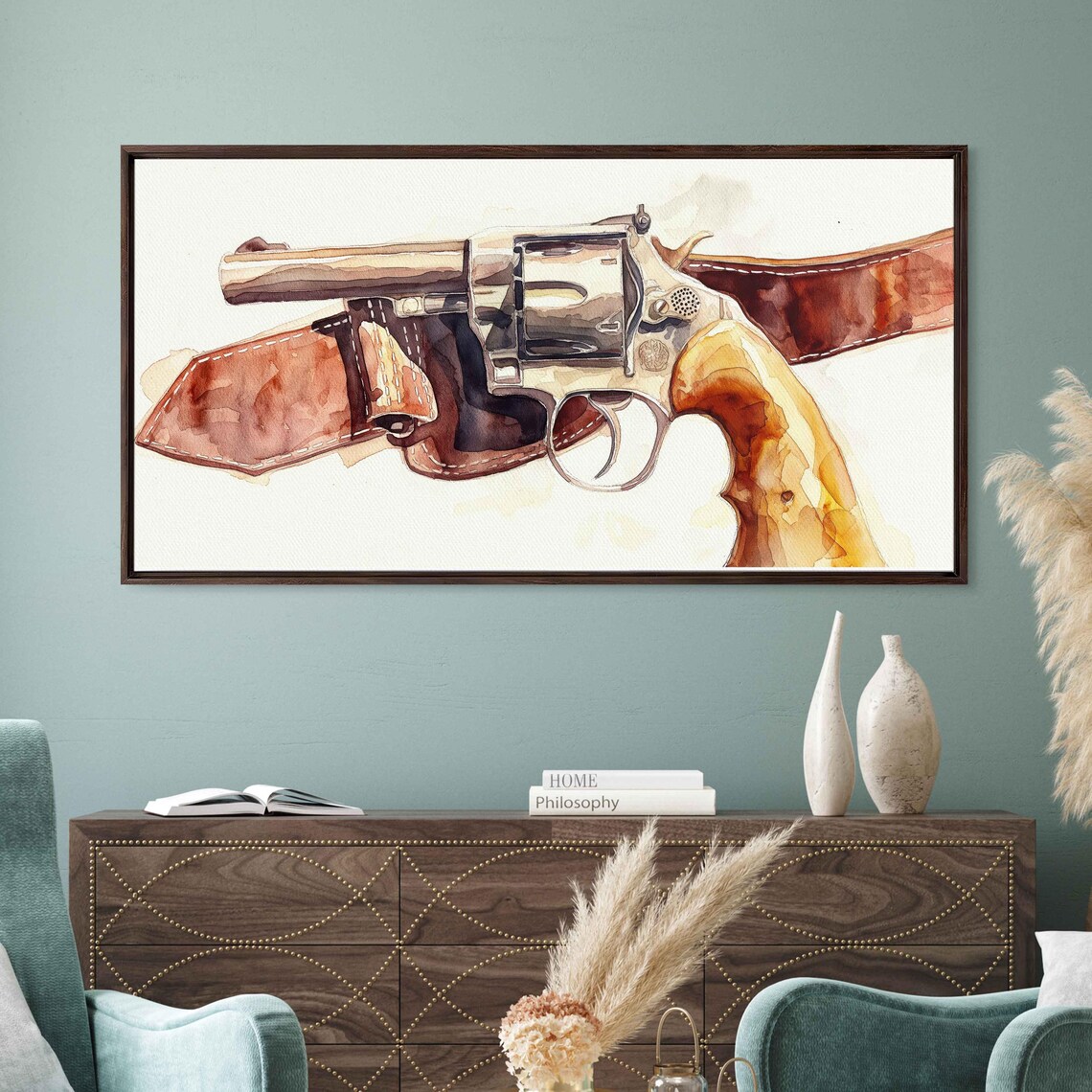 Watercolor Revolver Leather Holster Belt Panoramic Western Poster - Image 3