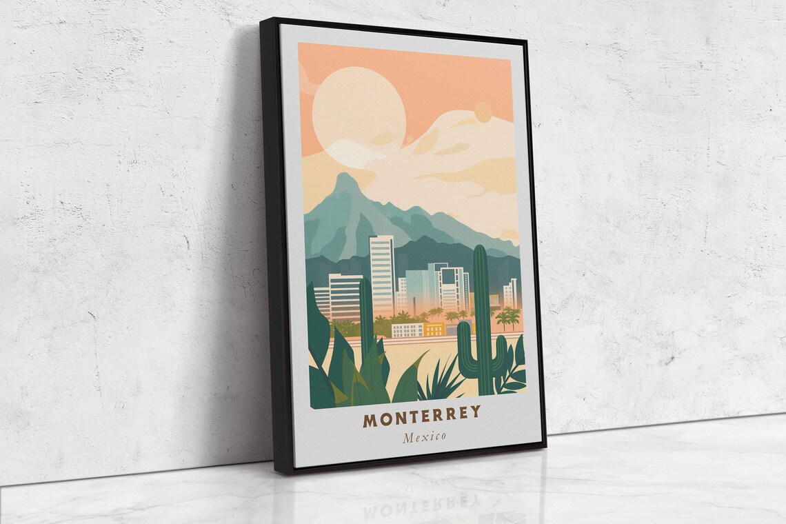 Monterrey Mexico Mountain Skyline Cactus Sunset Travel Poster - Image 2