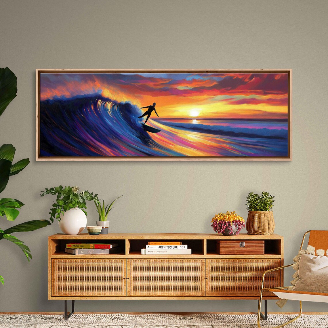Surfer Riding Giant Wave At Fiery Sunset Ocean Painting Poster - Image 3