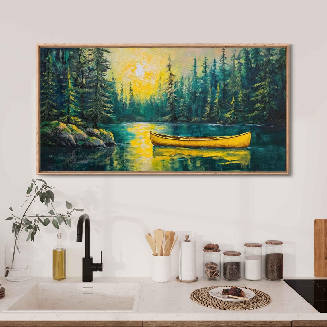 Bright Yellow Canoe Serene Lake Evergreen Forest Sunlight Scene Poster - Image 3