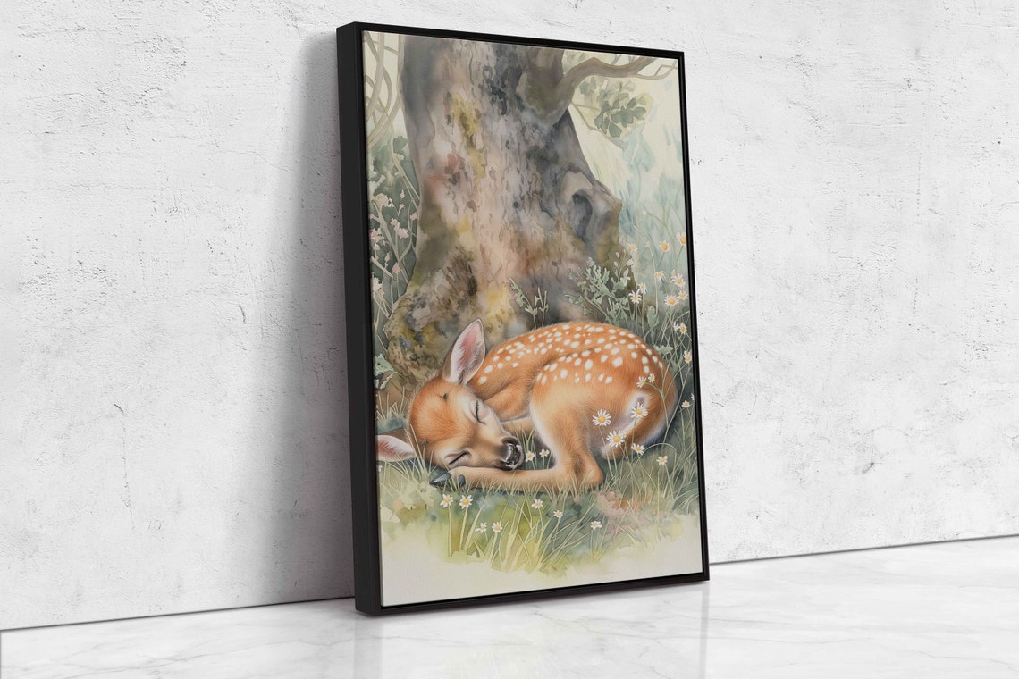 Sleeping Baby Deer Fawn Watercolor Tree Daisy Meadow Nature Poster - Image 4