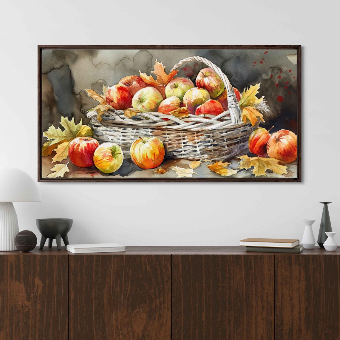 Watercolor Basket Of Apples With Autumn Leaves Kitchen Art Poster