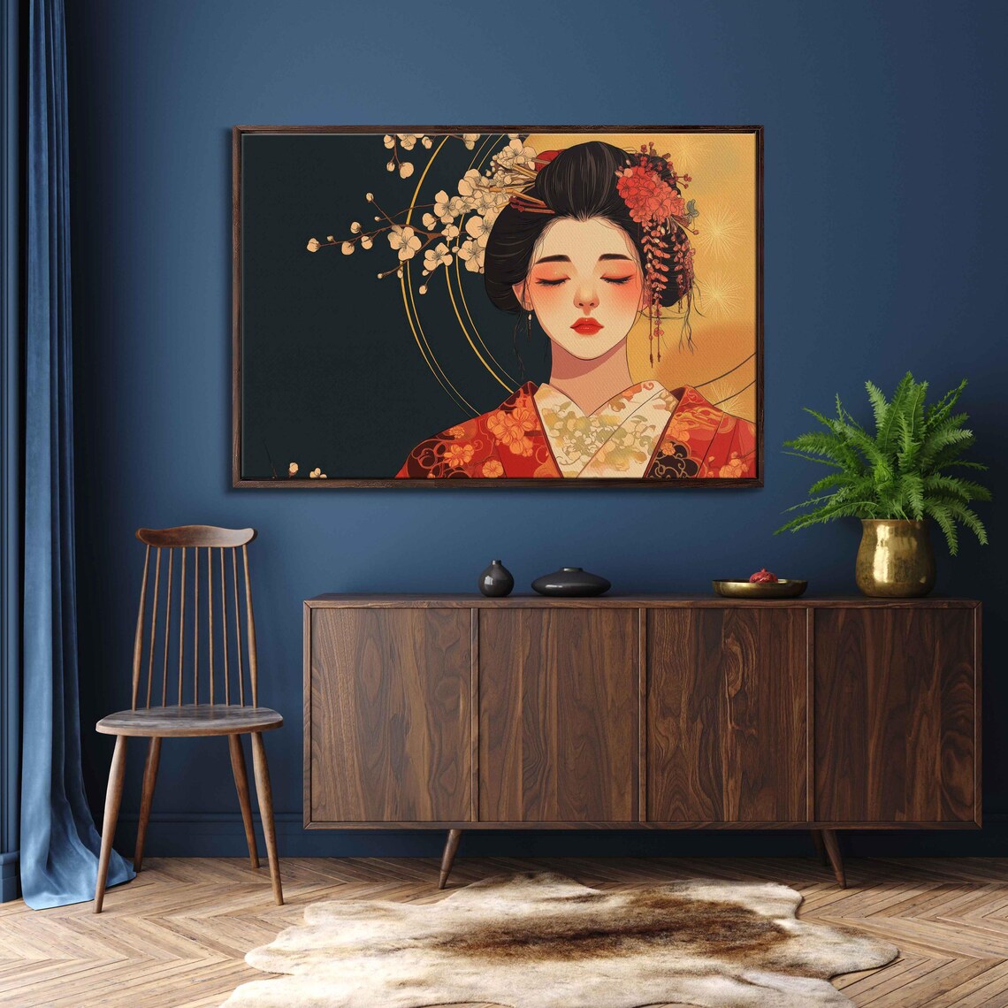 Geisha Portrait Crimson Gold Kimono Cherry Blossoms Elegant Art Poster
