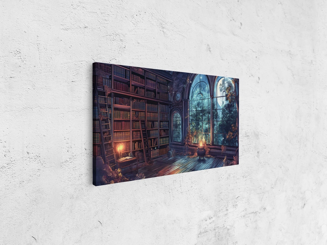 Magical Moonlit Library Cauldron Bookshelves Night Scene Art Print - Image 4