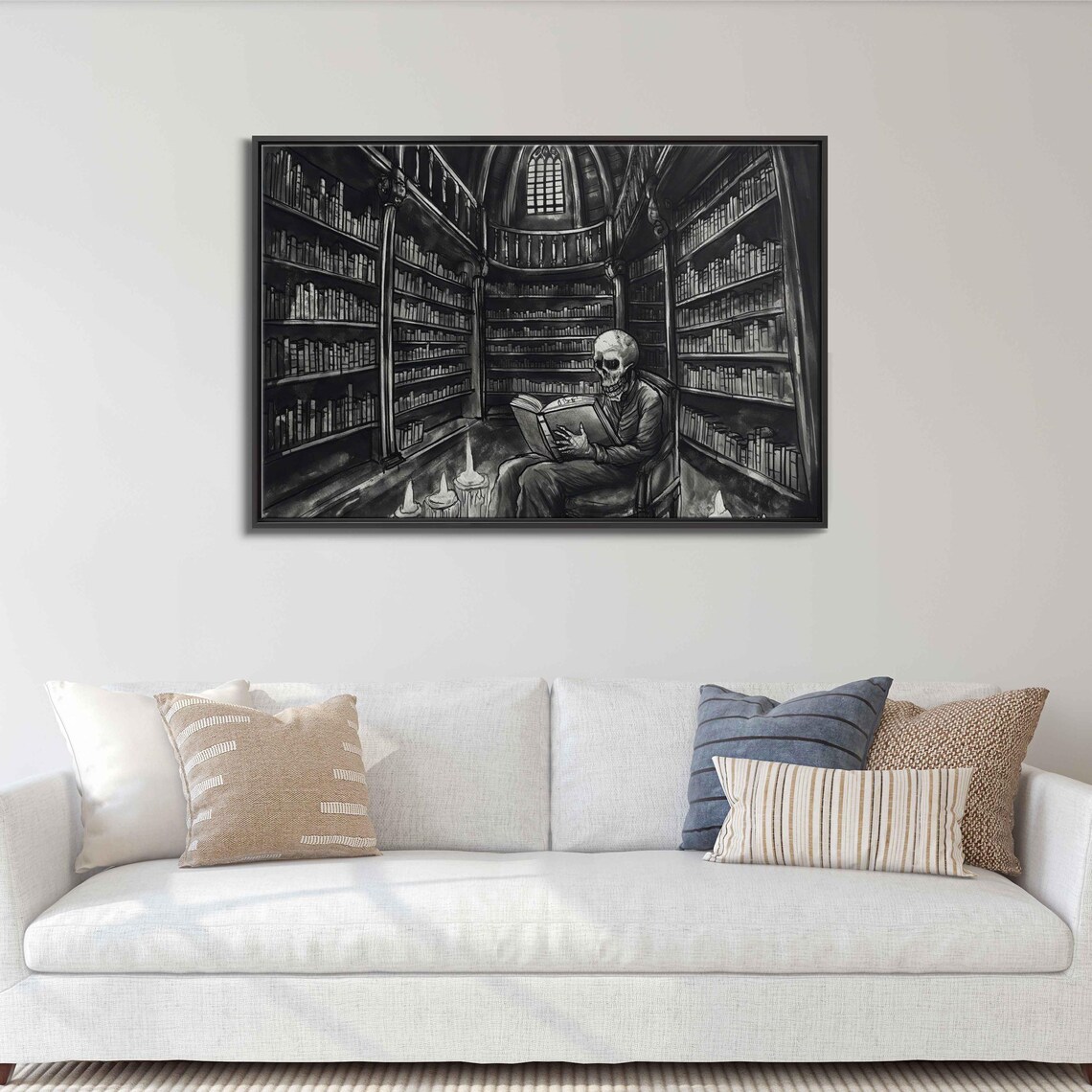 Skeleton Reading Book By Candlelight In Dark Gothic Library Ink Art Poster - Image 3