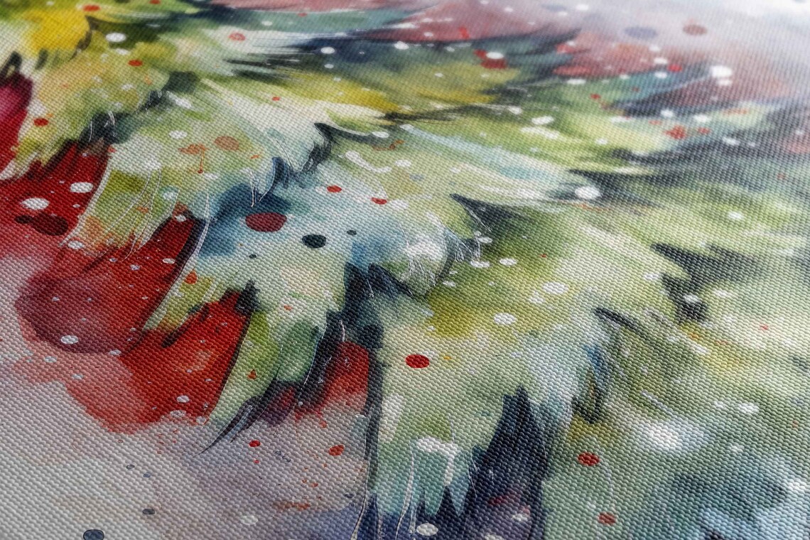 Festive Green Christmas Tree Watercolor Red Star Splash Art Poster - Image 2