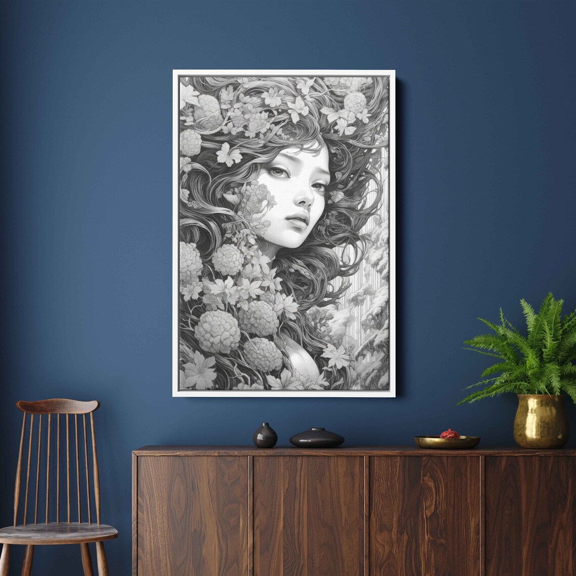 Monochrome Line Art Woman Portrait With Intricate Floral Hair Print - Image 3