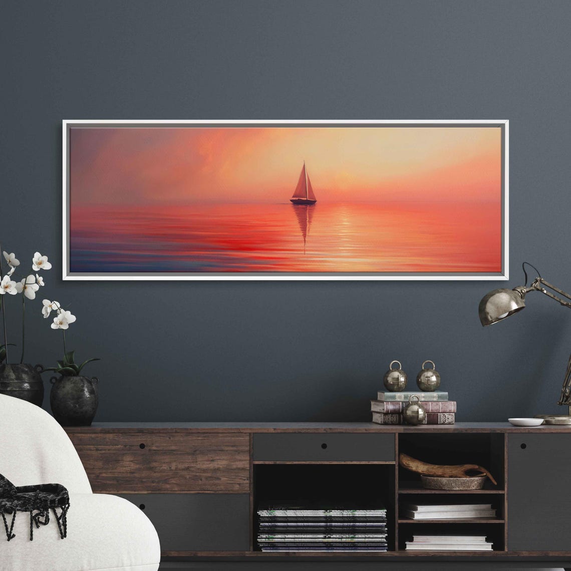 Sailboat At Sunset Coral Sea Minimalist Panoramic Wall Art Print - Image 3