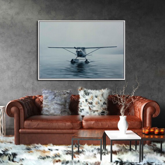 Vintage Seaplane Landing On Calm Misty Water Minimalist Aviation Photo Print