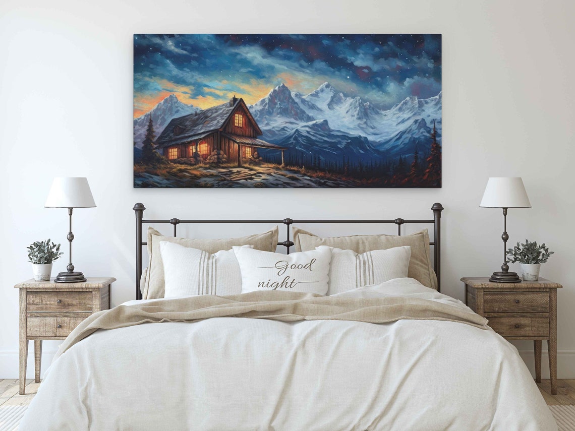 Warm Cabin Windows at Twilight Snowy Mountain Peaks Night Poster - Image 3