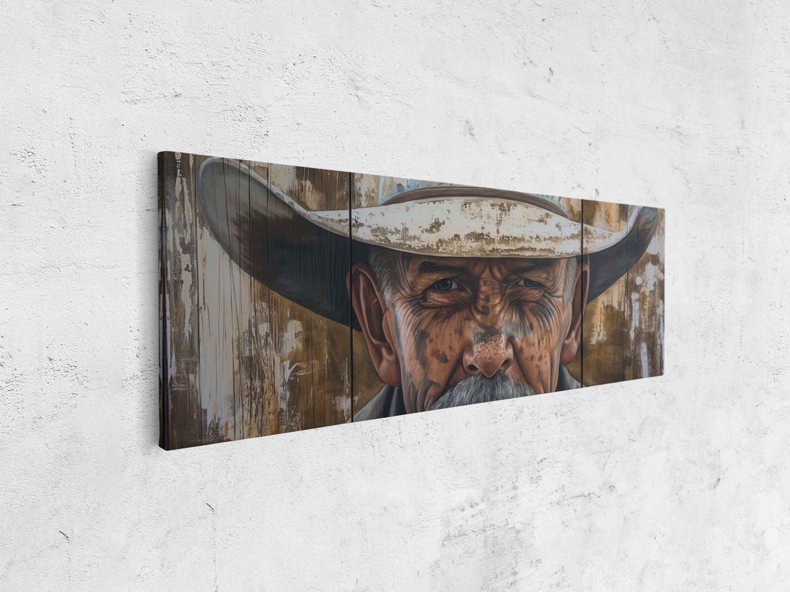 Distressed White Hat Cowboy Face Wide Panoramic Wall Art Poster - Image 4