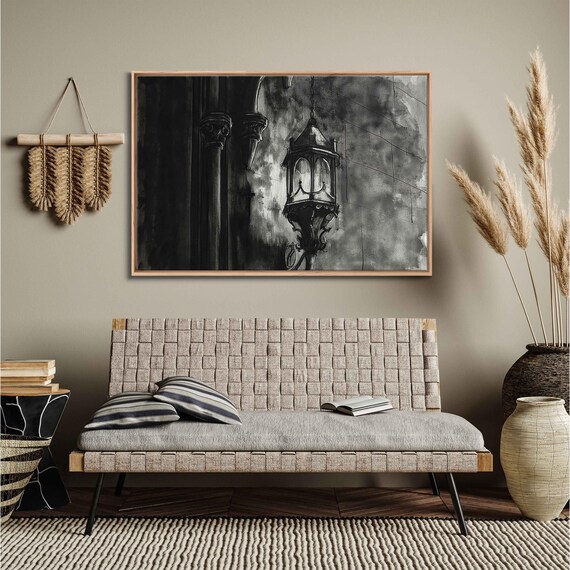 Gothic Lantern Hanging From Chain On Dark Stone Wall Monochrome Watercolor Poster