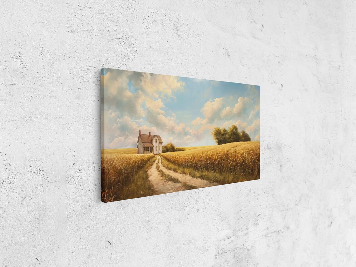 Farmhouse Dirt Road Through Golden Wheat Field Soft Cloudy Sky Art - Image 4