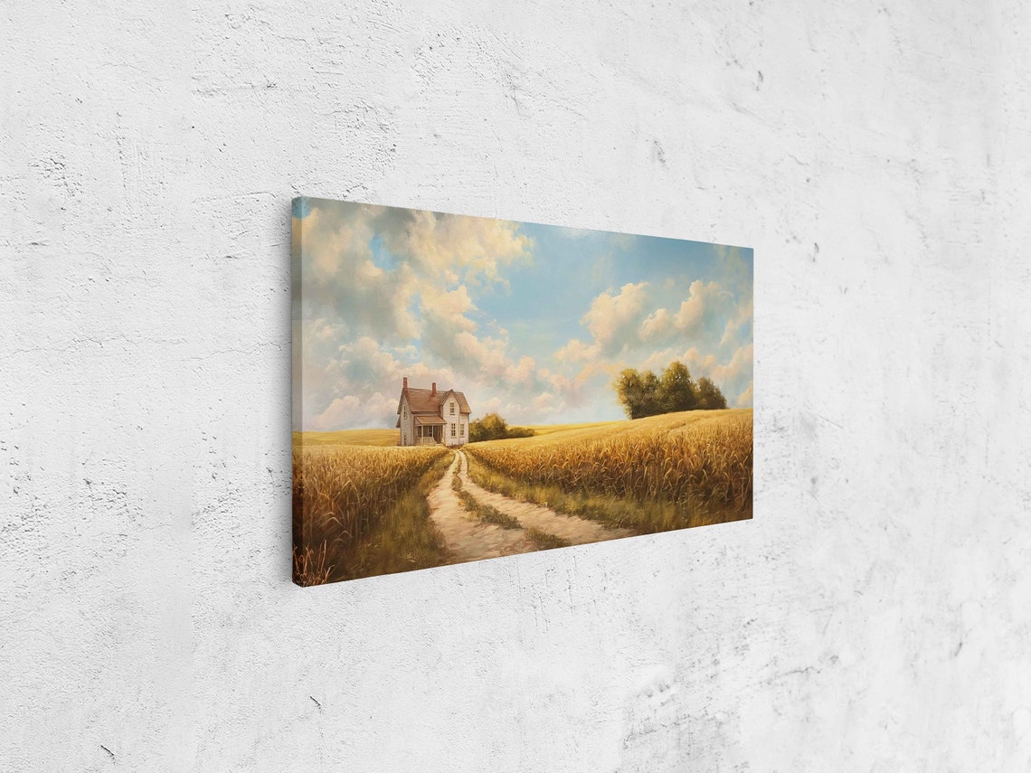 Farmhouse With Crop Field Landscape Painting Blue Cloudy Sky Lush Greenery Wall Art Print Ready To Hang - Image 4