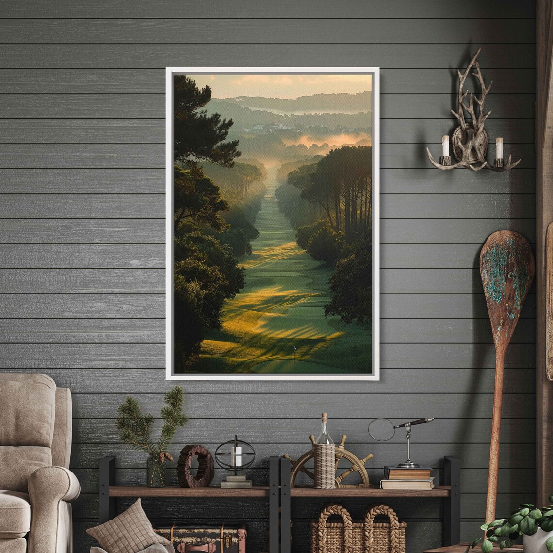 Sunlit Golf Course, Misty Forest Landscape Print - Image 3
